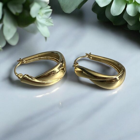 Gold Teardrop Hoop Earrings | 14K Plated Polished NWT - Picture 5 of 9
